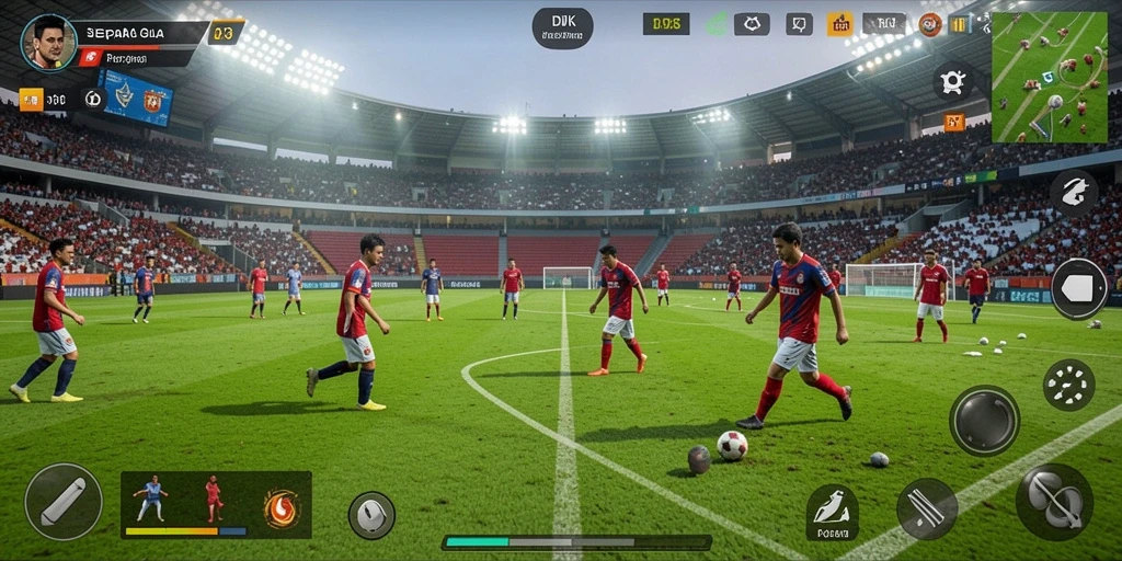Screenshot menampilkan gameplay imersif dalam DKK dengan aksi sepak bola yang nyata.