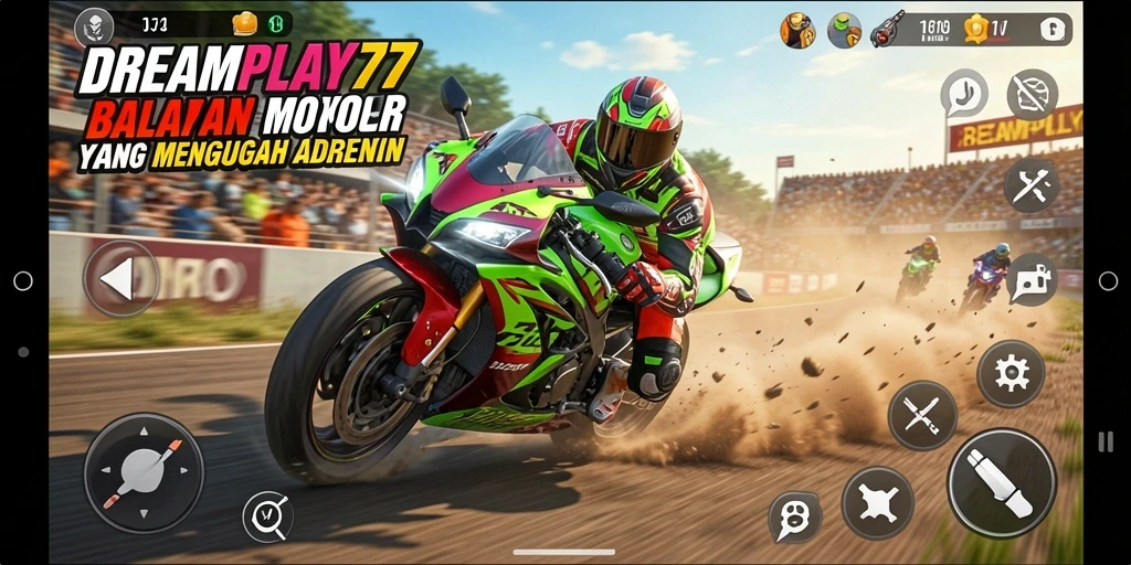 Tampilan gameplay dari <strong>DREAMPLAY77</strong> yang menampilkan aksi balapan motor yang intens.