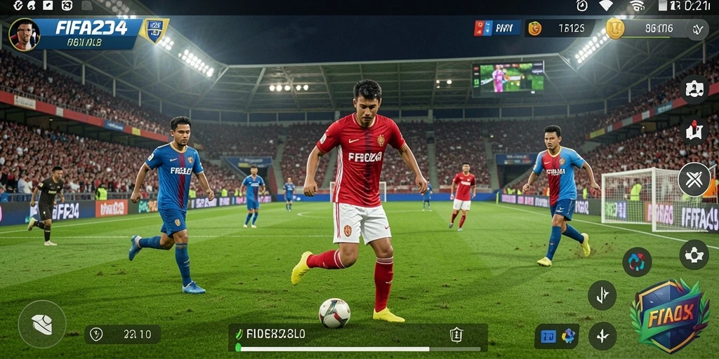 Gambar menunjukkan aksi pertandingan sepak bola dalam FIFA234 dengan grafis yang realistik.