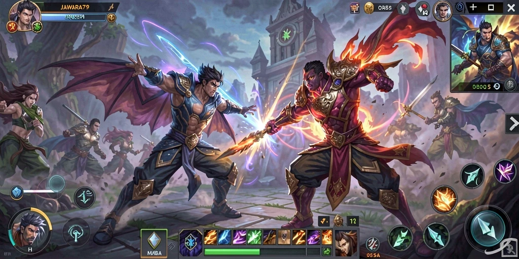 Tampilan gameplay seru JAWARA79 dengan aksi pertarungan tim.