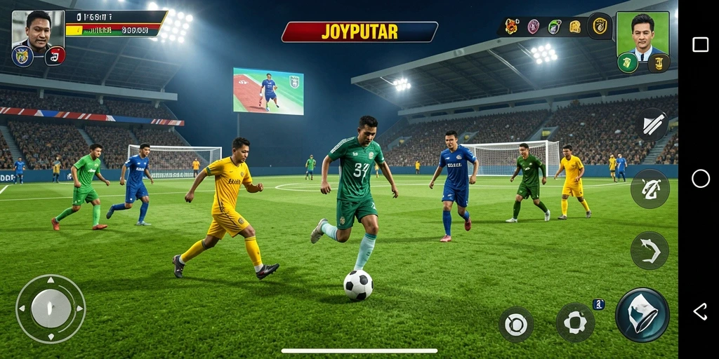 Tangkapan layar gameplay JOYPUTAR yang menunjukkan aksi sepak bola mendebarkan.