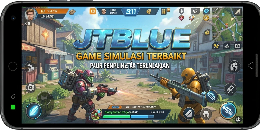 Tangkapan layar gameplay JTBLUE yang menunjukkan simulasi manajemen bisnis.