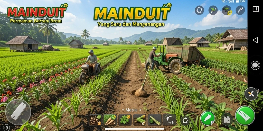 Tangkapan layar gameplay MAINDUIT dengan aktivitas bertani yang menyenangkan.