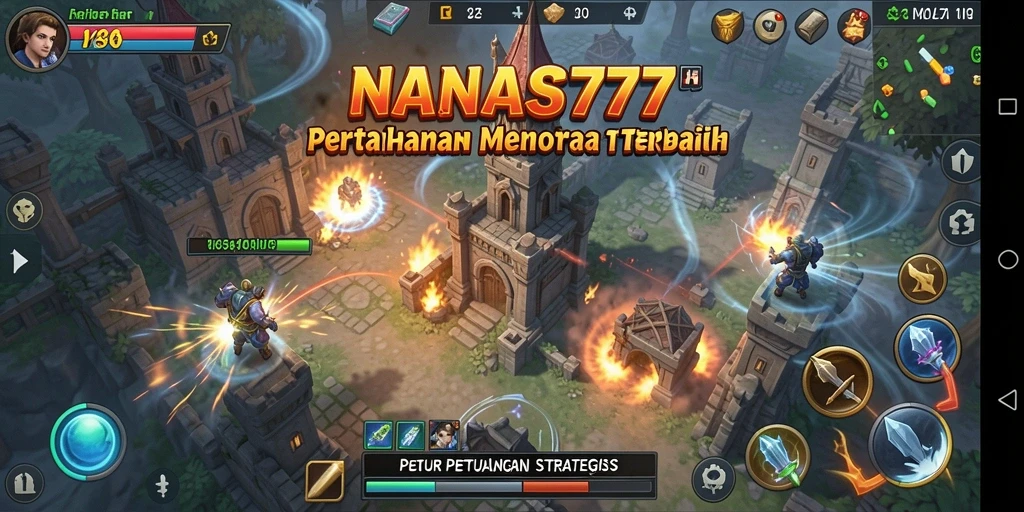 Screenshot NANAS777 menampilkan pertarungan menara yang intens dalam Tower Defense.