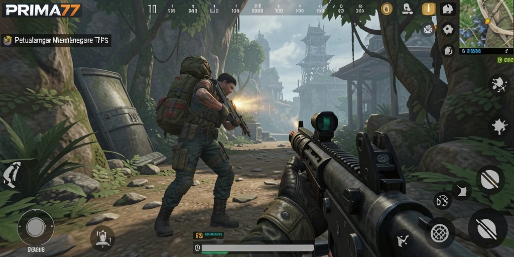 Screenshot gameplay PRIMA77 menampilkan aksi seru dalam pertempuran TPS.