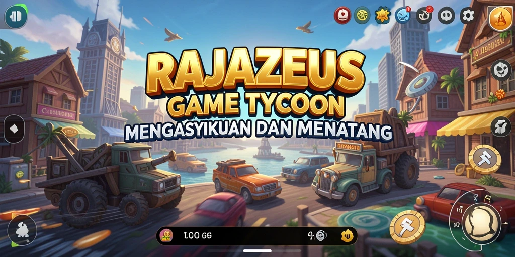 Tampilan gameplay menarik dari RAJAZEUS dengan berbagai elemen Tycoon.