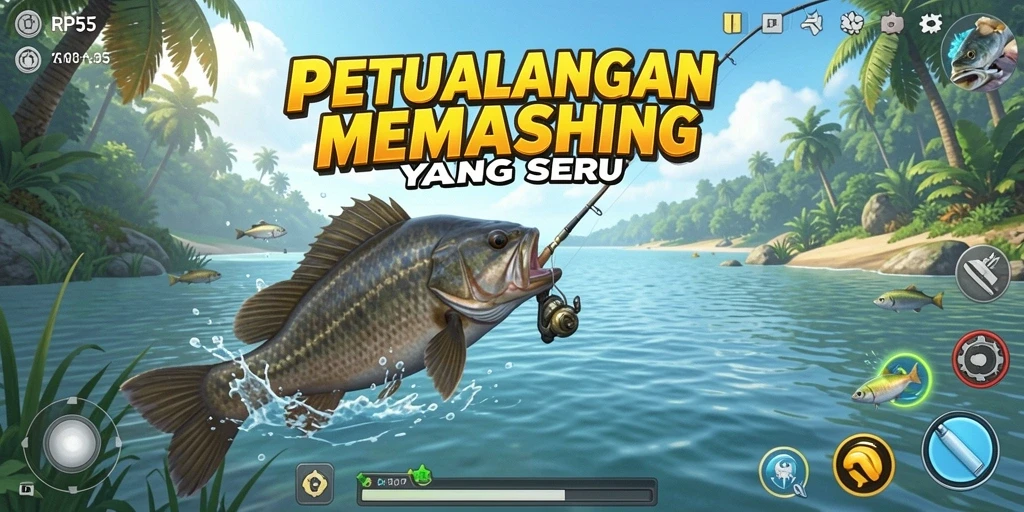 Screenshot gameplay RP55 menampilkan momen seru saat memancing.
