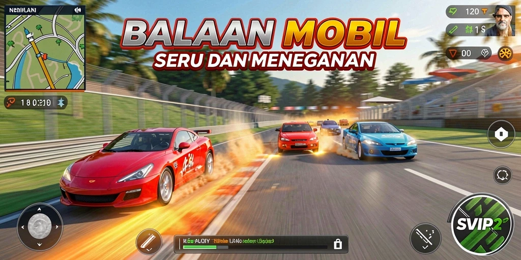 Tangkapan layar SVIP2 menampilkan aksi balapan yang mendebarkan.