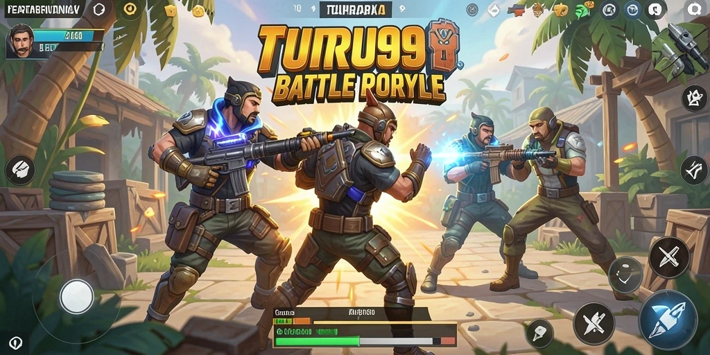 Tampilan mendebarkan dari pertempuran di TURU99 dengan pemain bertarung di arena Battle Royale.